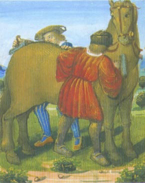 Two Men Currying a Horse, c.1510-20 (British Library, MS Stowe 955,f11)